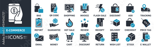 Ecommerce icon set. Containing bag, payment, qr code, shopping, invoice, guarantee, report and more. Solid vector icons collection