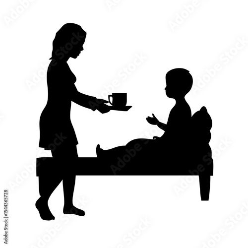 Silhouette of a Woman Comforting a Sick Child with a Warm Drink, vector silhouette illustration