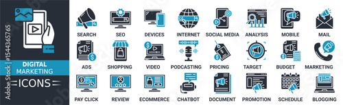 Digital marketing icon set. Containing search, seo, devices, internet, social media, analysis, mobile, mail and more. Solid vector icons collection