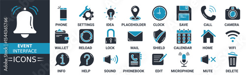 Event interface icon set. Containing smartphone, setting, wallet, placeholder, location, clock, save, and more. Solid vector icons collection