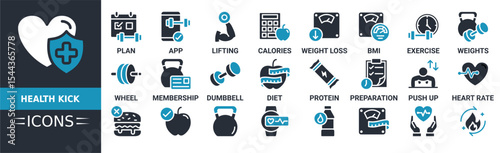 Health kick icon set. Containing plan, health, app, lifting, calories, wheel, membership and more. Solid vector icons collection