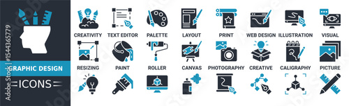 Graphic design icon set. Containing creativity, text editor, palette, layout, print, resize, paint and more. Solid vector icons collection