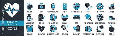 Healthy Lifestyle icon set. Containing design health, fitness, sport, nutrient, medicine and more. Solid vector icons collection