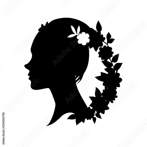 Elegant Woman Silhouette with Floral Wreath Profile Portrait Illustration, vector silhouette illustration