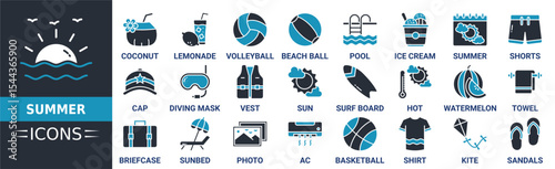 Summer icon collection set. Containing nature, vacation, holiday, beach, sunny and more. Solid vector icons collection
