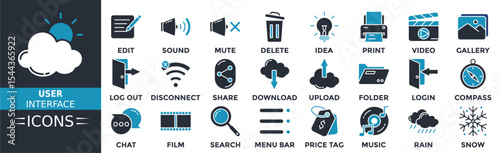 User interface icon set. Containing edit, sound, mute, delete, idea, print, video, gallery and more. Solid vector icons collection