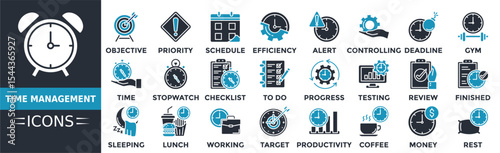 Time management icon set. Containing objective, priority, schedule, reminder, efficiency, alert, deadline, gym and more. Solid vector icons collection