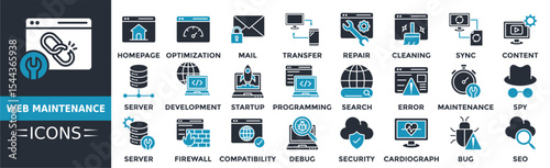 Web maintenance icon set. Containing homepage, optimization, mail, transfer, repair, server, startup and more. Solid vector icons collection