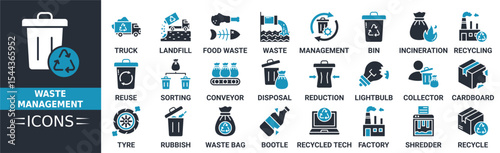 Waste management review icon set. Containing truck, landfill, food waste, waste, bin, reuse, sorting and more. Solid vector icons collection