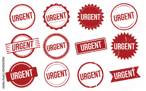Assorted red urgent stamps and badges representing important notification messages on white background