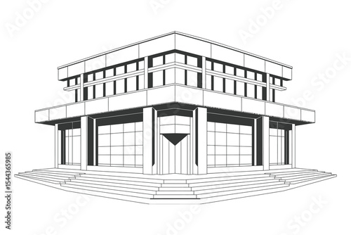 modern commercial building illustration in minimalist black and white style