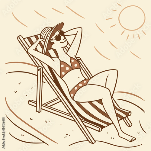 Elegant female figure in vacation mode drawn in a retro outline style, perfect for travel and holiday visuals.