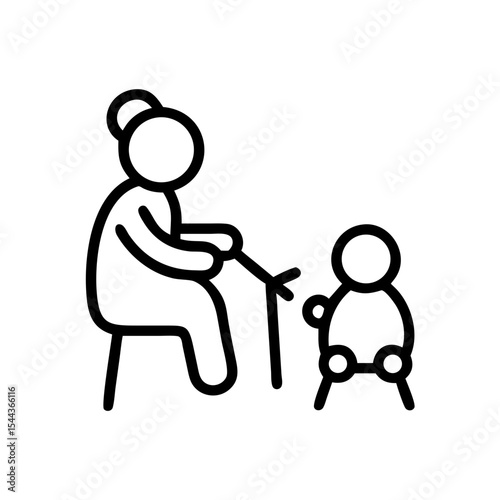 Grandmother and Grandchild Enjoying a Playful Fishing Activity, vector line art silhouette illustration