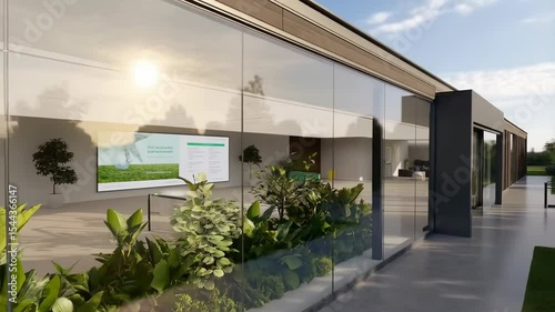 Employees ride bicycles to a green office with solar panels and plants. Sustainability presentation. AI generated.