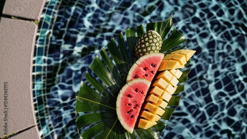 Top view of tropical fruits on palm leaf with water droplets by the pool, color and refreshing atmosphere. AI generated.