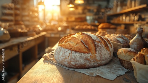 Golden hour light shining through a rustic bakery, highlighting fresh bread resting on a wooden counter