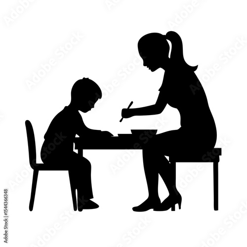 Teacher Guiding Child's Learning Early Childhood Education Illustration, vector silhouette illustration