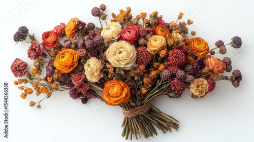 Rustic dried flower bouquet elegantly placed on a white background, perfect for copy space