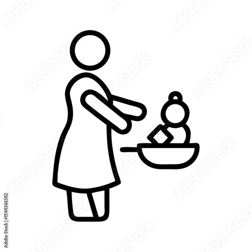 Mother Bathing Baby Line Art Illustration of a Parent Caring for an Infant, vector line art silhouette illustration