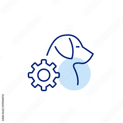 Dog side view and cogwheel. Pet care settings, animal health monitoring, smart pet device configuration, automated feeding control, pet activity tracking. Pixel perfect, editable stroke vector icon