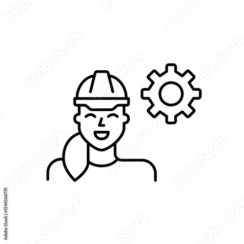 Woman in hard hat and cogwheel. Technical operations, system supervision, safety configuration, engineering control, maintenance management. Pixel perfect, editable stroke vector icon