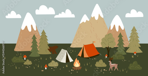 Cute hand-drawn vector illustration with drawings for camping, tents, mountains, wild animals, landscape, great for textiles, banners, wallpaper