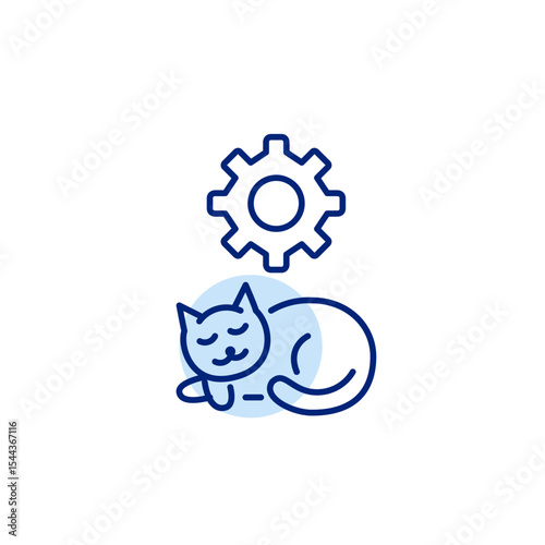 Sleeping cat and cogwheel. Automated pet care, smart pet monitoring, restful mode settings, sleep tracking configuration, pet environment control. Pixel perfect, editable stroke vector icon