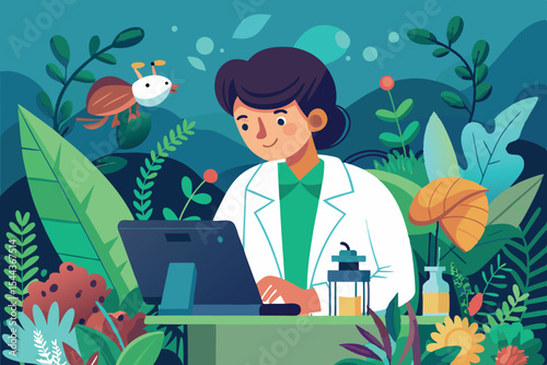 Researcher conducts studies in a vibrant greenhouse filled with plants and insects