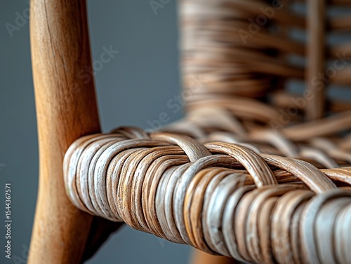 high-quality photograph, detail shot of a woven rattan chair with soft shadows and warm ambient light. Generative AI