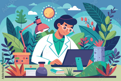 Young scientist working on laptop in a vibrant garden setting during the day