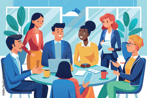 Group of professionals collaborating in a bright office space during a meeting