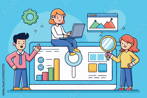 Illustration of teamwork and data analysis in a modern workspace with digital tools