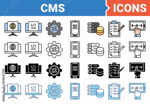 Content management system banner icon set with multiple style collection.