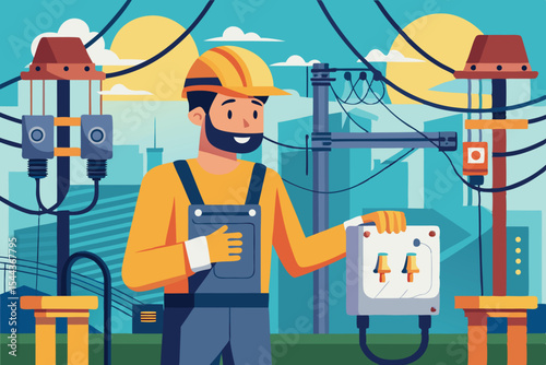 Worker performs maintenance on electrical system in urban environment during daytime