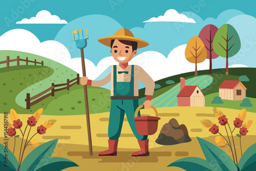 Smiling farmer working in a vibrant countryside setting during the day
