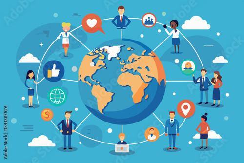 Global networking and social interaction illustrated with diverse characters