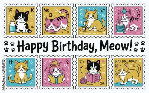Adorable happy birthday greeting card featuring playful cartoon cats designed as decorative postage stamps