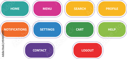 A colorful modern user interface design featuring website navigation icons and buttons for various actions
