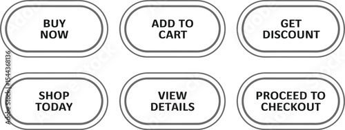 Six ecommerce buttons with various call to actions including buy now add to cart and checkout