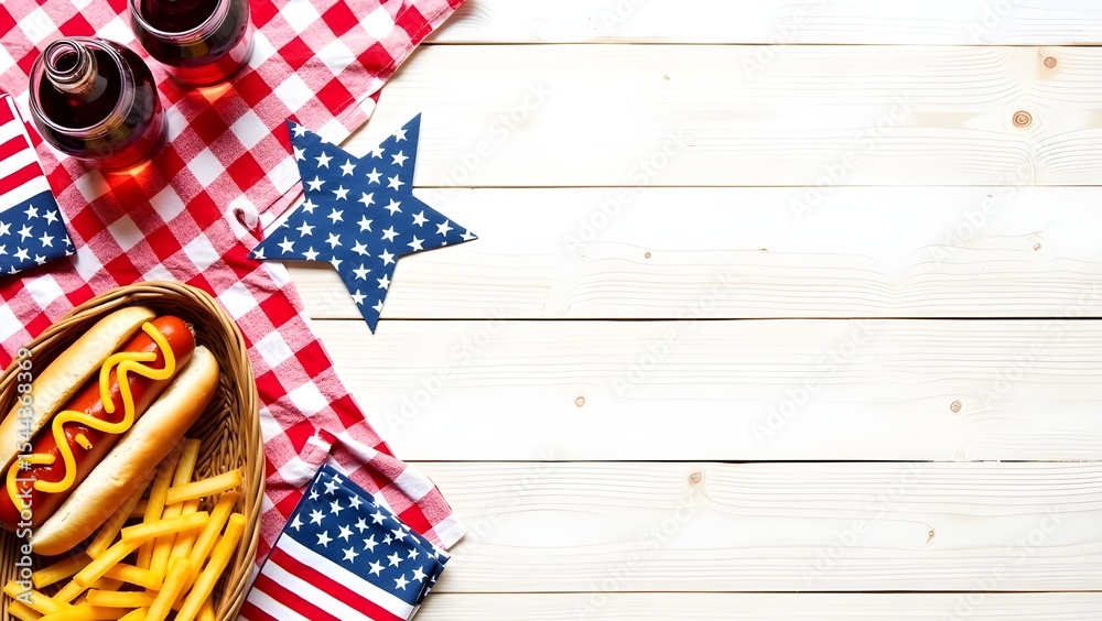 Obraz premium Ai generated image of hot dog and fries in a basket on a red and white checkered tablecloth
