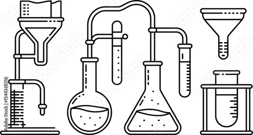 Black and white vector illustration of scientific glassware for laboratory research and experimentation