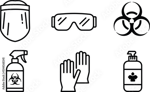 Vector illustration of essential personal protective equipment and biohazard symbols for workplace safety.