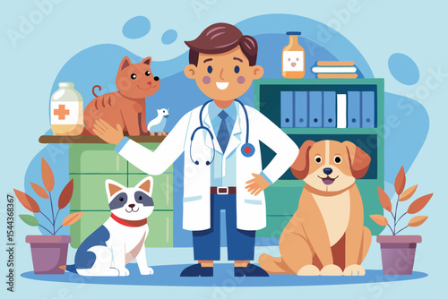 Veterinary clinic setting featuring a veterinarian with different pets during a lively day