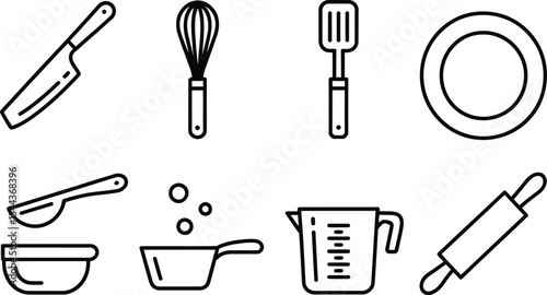 Collection of illustrated kitchen utensils and tools in a simple outlined black and white style