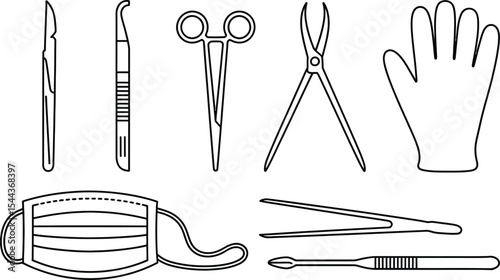 Line art illustration of medical instruments used in surgery and healthcare procedures essential tools