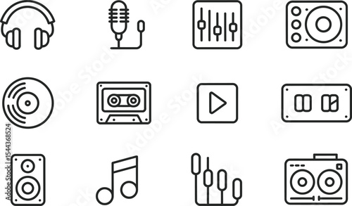 A collection of simple black and white music equipment icons for multimedia related content.