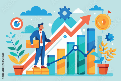 Business professional stands on coins with growth charts and gears in a modern workspace promoting financial success and innovation