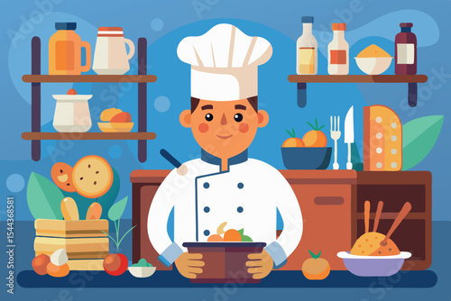 Chef prepares a delicious meal in a vibrant kitchen filled with fresh ingredients and cooking tools at midday