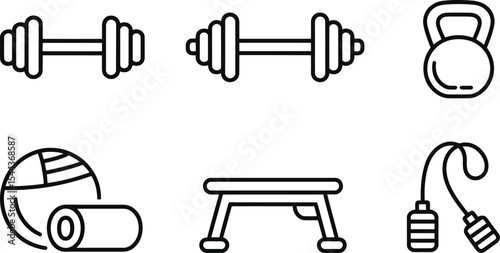 Simple and stylized vector illustrations of workout equipment for fitness and exercise activities
