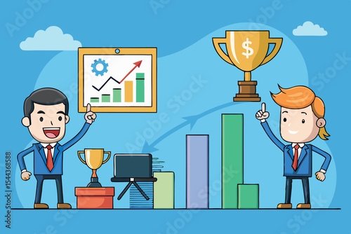 Success in business illustrated through charts and awards at a financial seminar